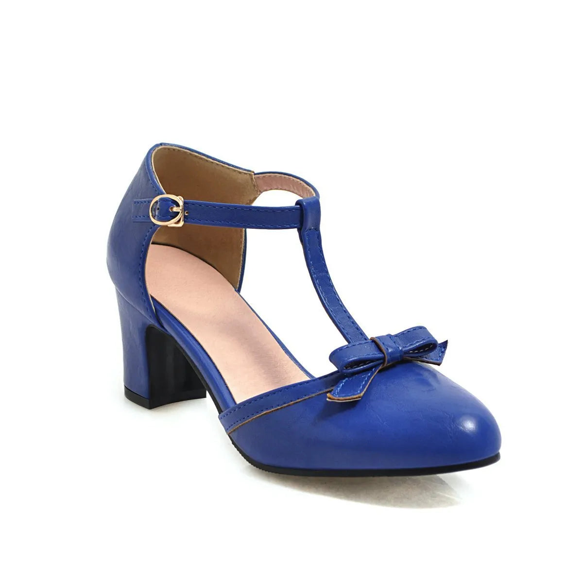 Women's solid colour sandals with chunky 6.5cm heel, buckle strap, and bow detail