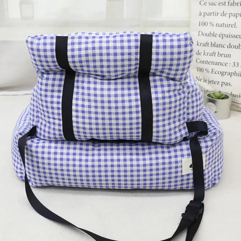 Car-mounted cloth pet travel basket in blue plaid or grey, small and large size options for dogs