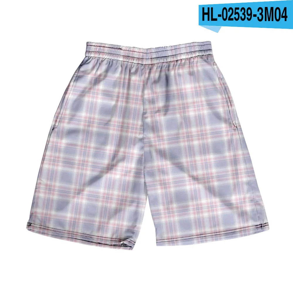 Men's straight cut plaid shorts in polyester fabric with elastic waistband