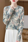 Women's round neck Tencel cotton pullover shirt with floral print, shown in a basic style with regular sleeves.