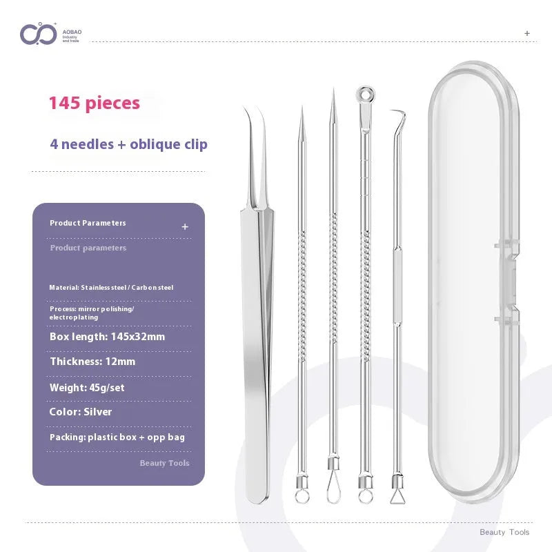 Four silver metal acne needles with pointed tips for skincare extraction