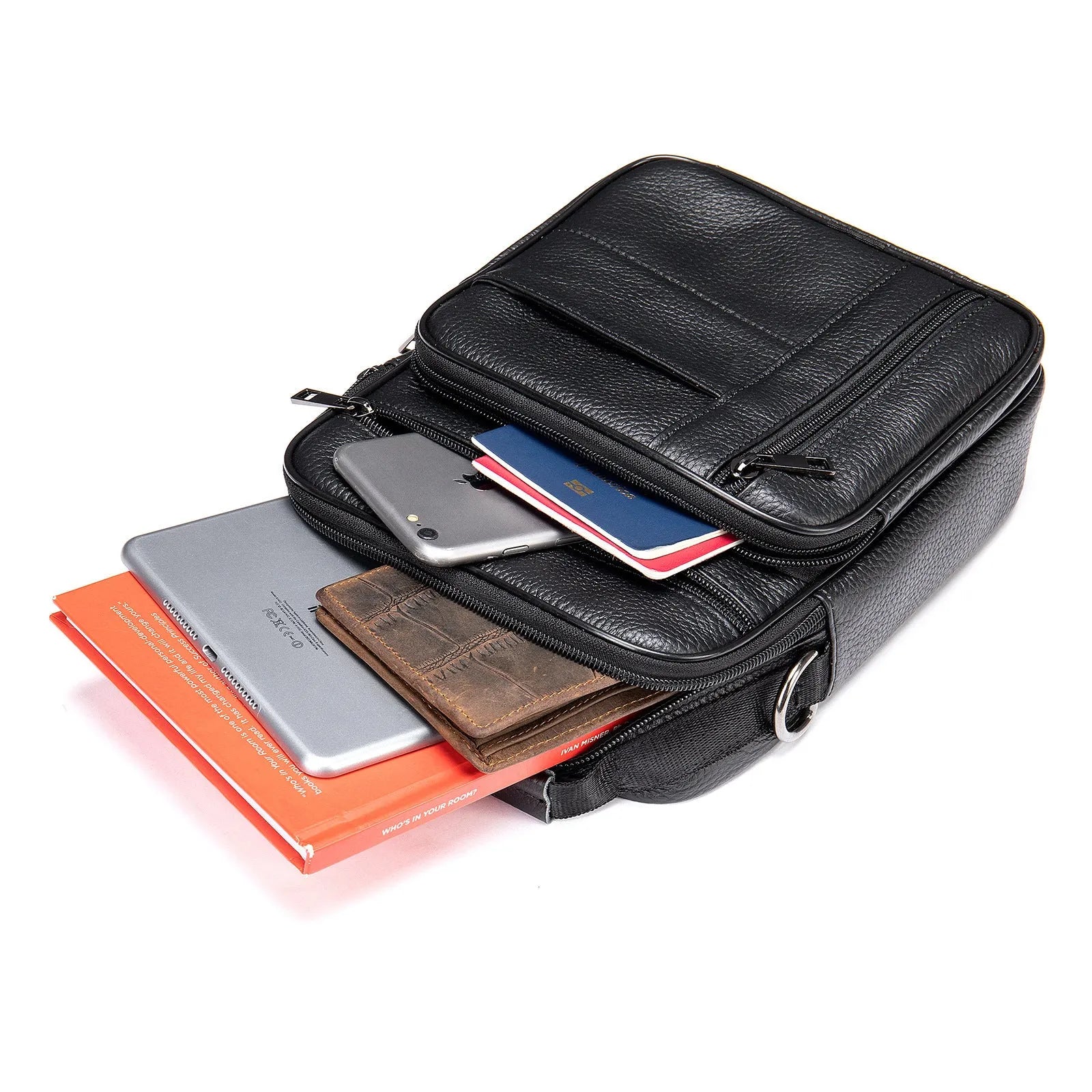 Vintage style genuine leather men's shoulder bag in vertical square shape showing internal organiser pockets