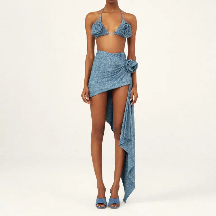 Women's 3D flower decoration halter lace-up bikini in split suit colour, polyester fabric, front view
