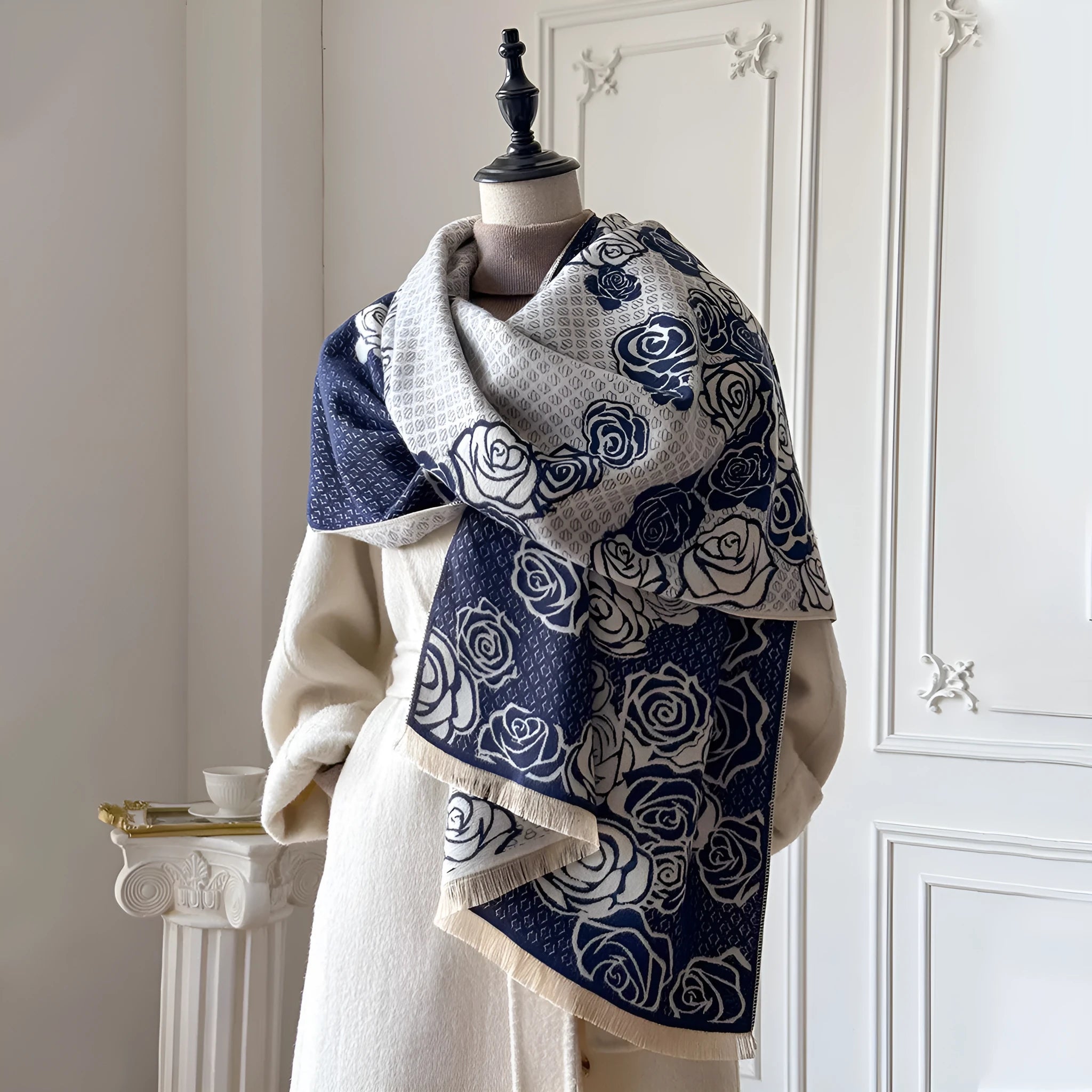 Thick winter scarf in imitation cashmere with tassel ends showing colour options