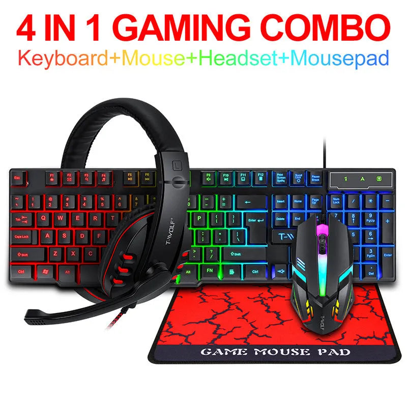 Thunder Wolf T800 gaming keyboard mouse combo set with backlit keys and included headset on mouse pad