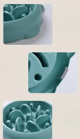 Green pet slow feeder bowl with raised internal maze design for dogs and cats