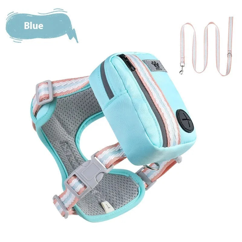 Colour options for an anti-strangulation pet safety harness with a free lead.