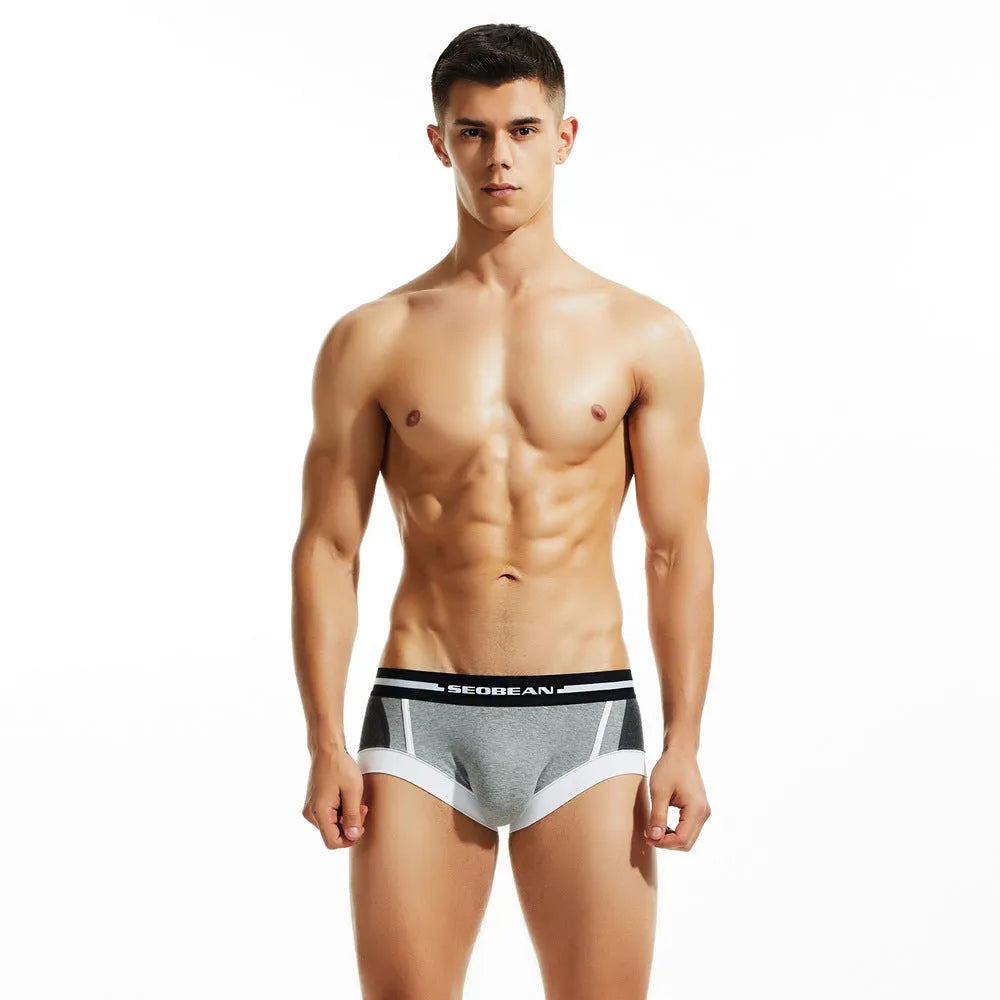 Men's low waist cotton boxer shorts in red, dark blue, and light grey colours.