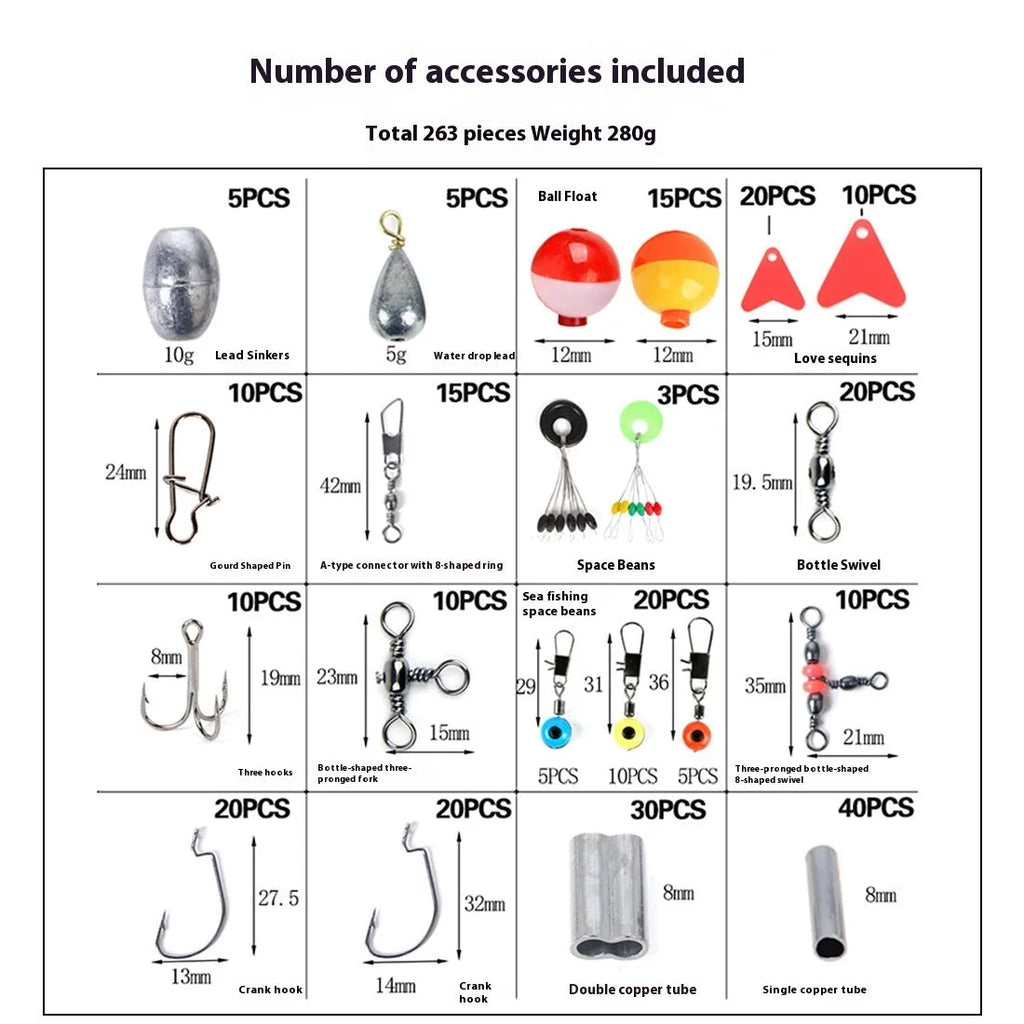 263-piece fishing accessory set with copper tube sinkers and stainless steel split shot weights in red and white
