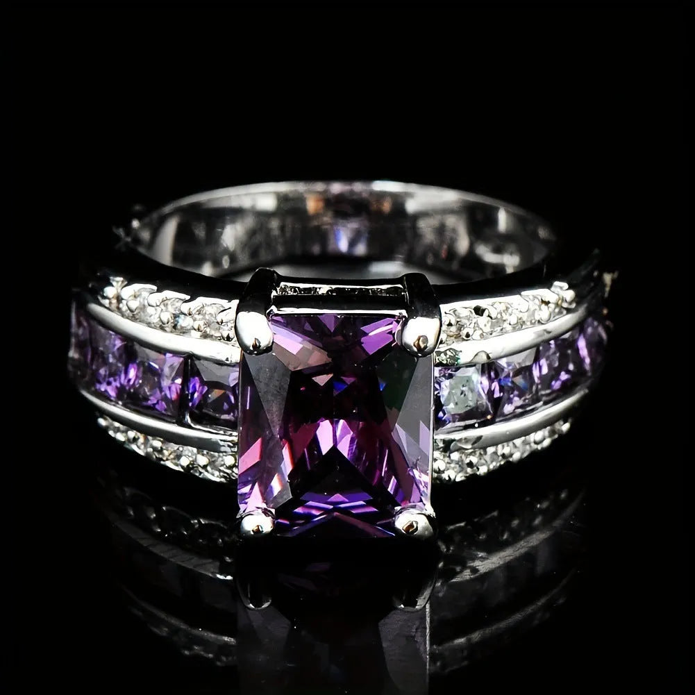 Zinc alloy personalised ring with sunflower blue diamond, square blue zircon, or square purple zircon stone options