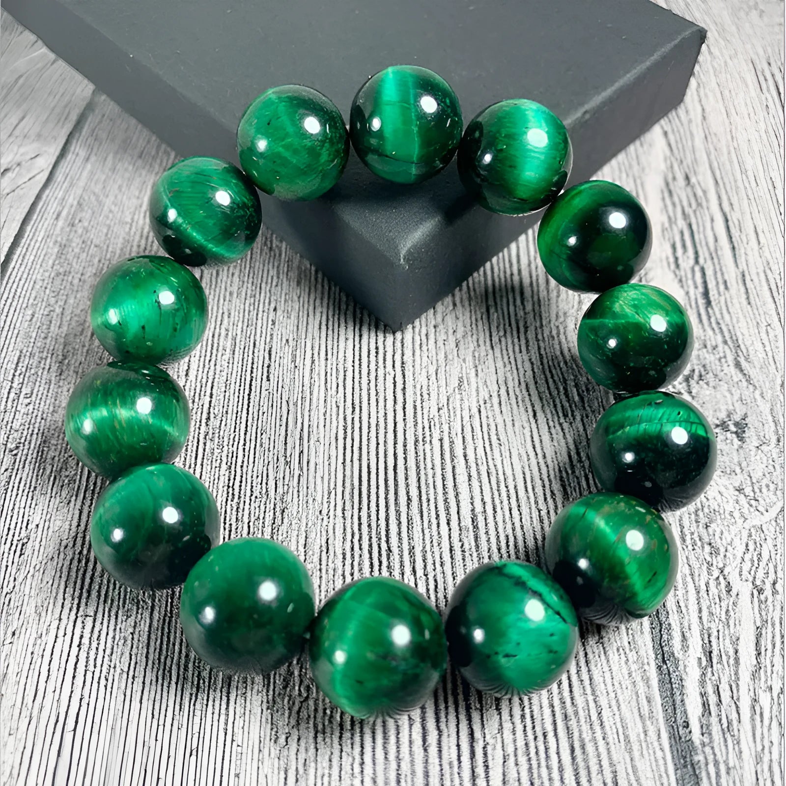Natural green tiger eye stone bracelet with geometric polished beads in various sizes
