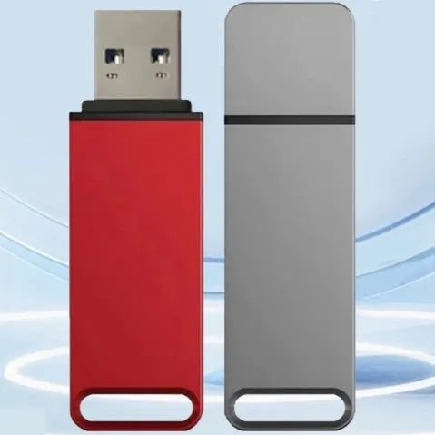 Customisable metal USB flash drive in black, red, or silver with large storage capacity.