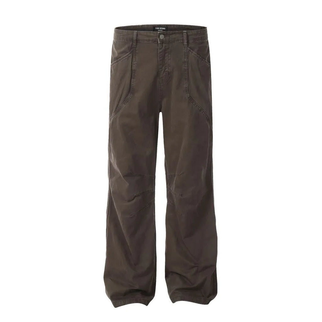Men's brown loose straight-leg cotton trousers with high waist and zip fly