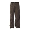 Men's brown loose straight-leg cotton trousers with high waist and zip fly