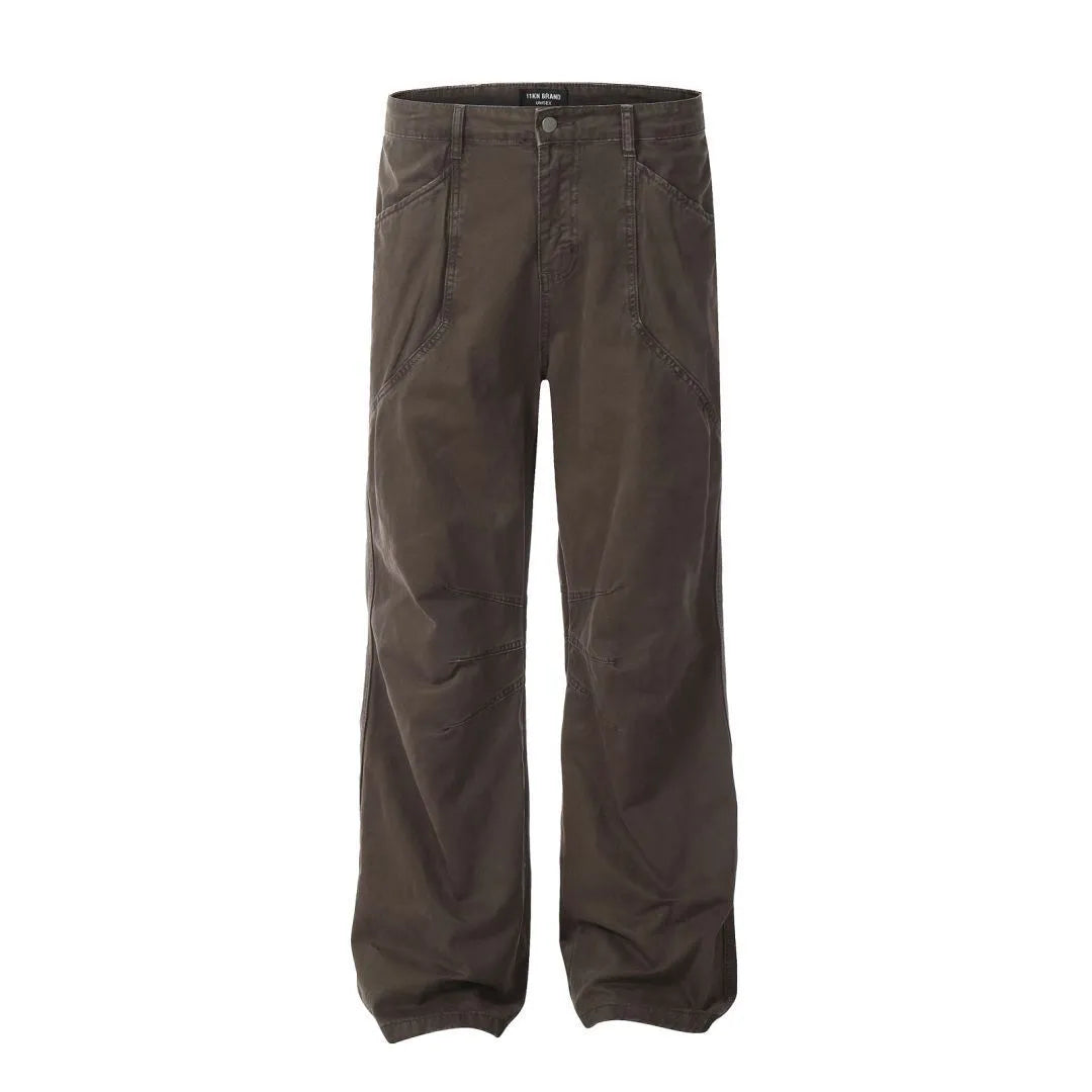 Men's brown loose straight-leg cotton trousers with high waist and zip fly
