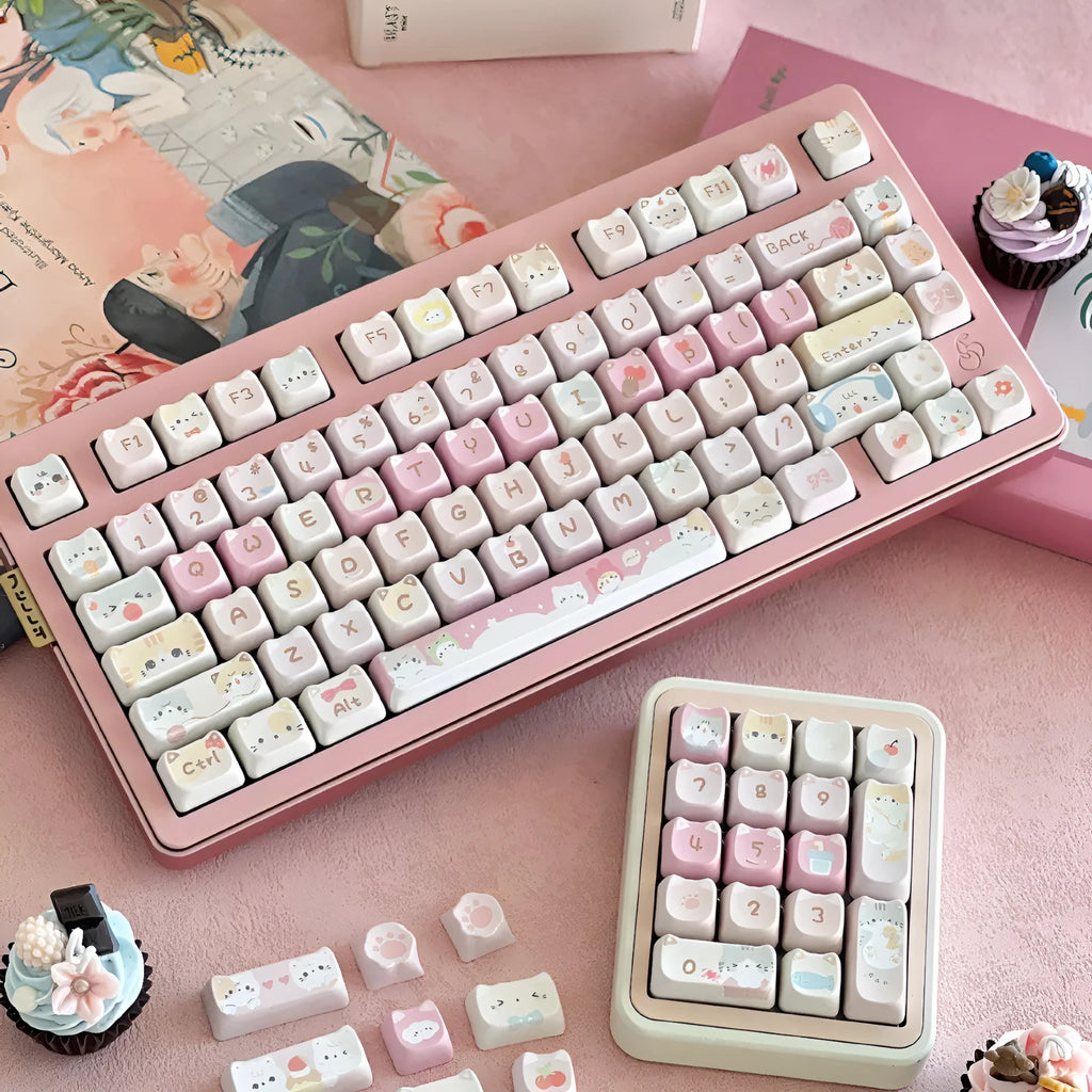 Meow Meow Team full set of 141 sublimation printed plastic keycaps for mechanical keyboards.