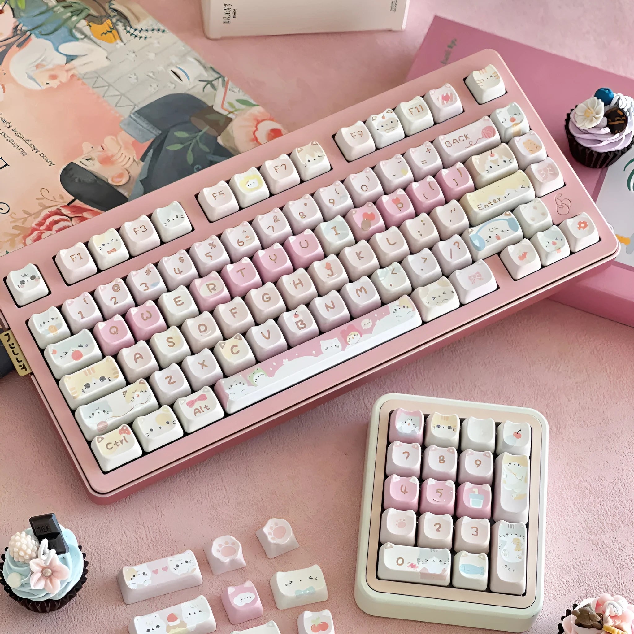 Meow Meow Team full set of 141 sublimation printed plastic keycaps for mechanical keyboards.