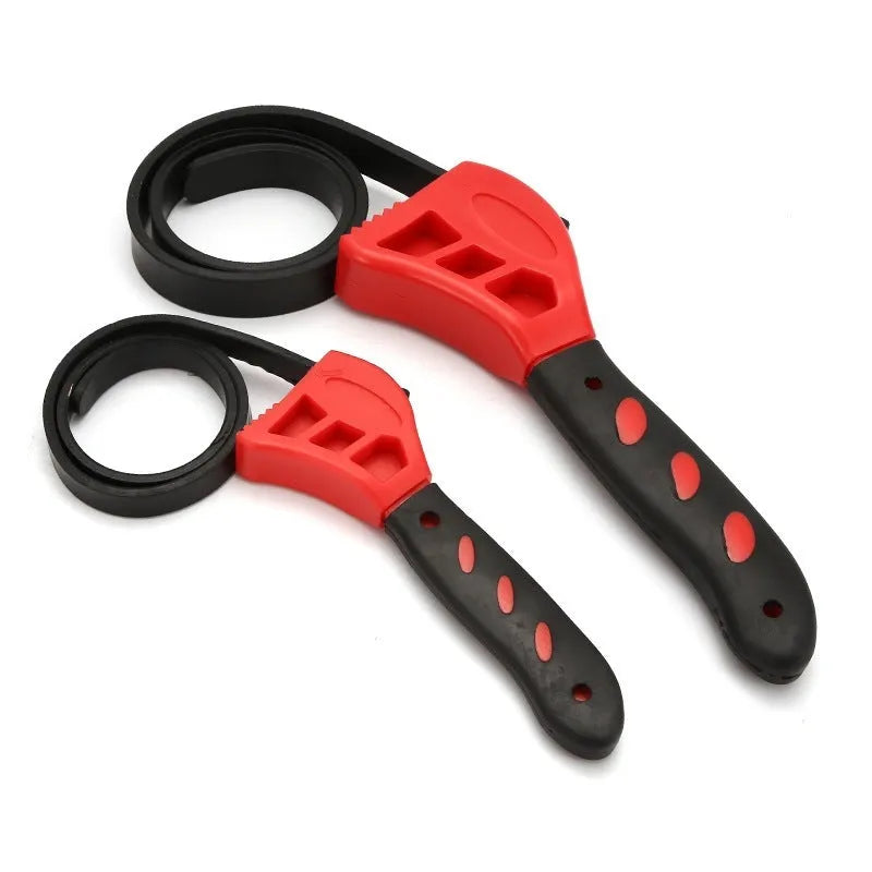 A 6-inch and an 8-inch adjustable rubber strap wrench with a phosphated metal handle.