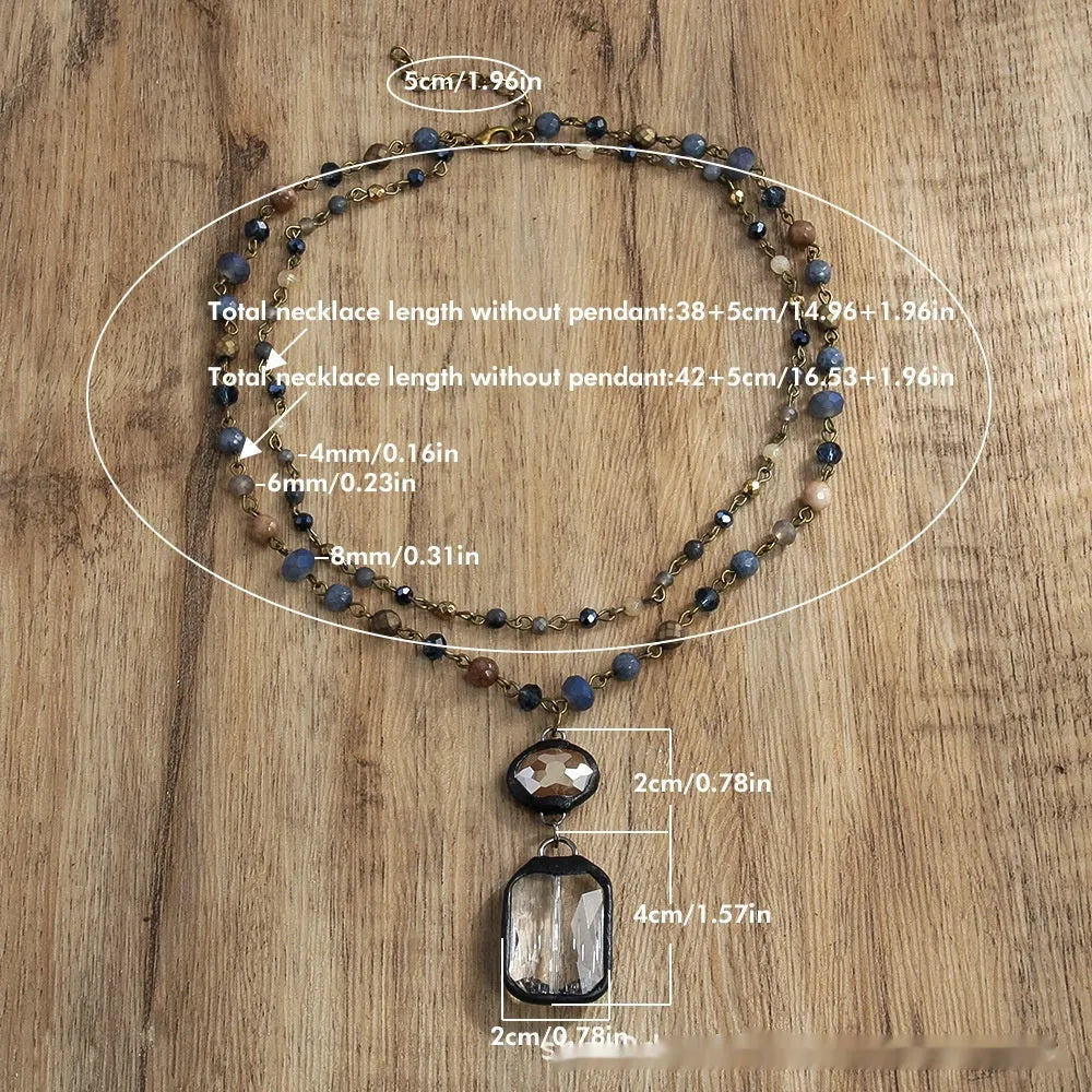 Tribal style two-layer chain necklace with natural stone and glass pendant