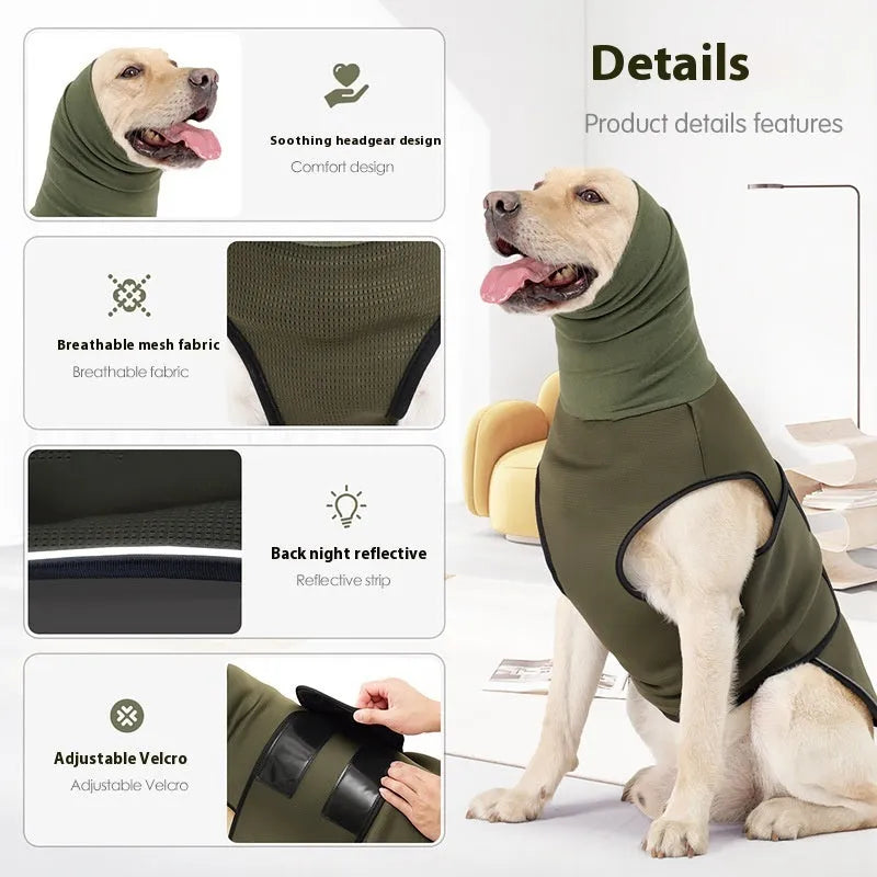 Army green polyester dog anti-anxiety calming jacket shown on a medium-sized dog.