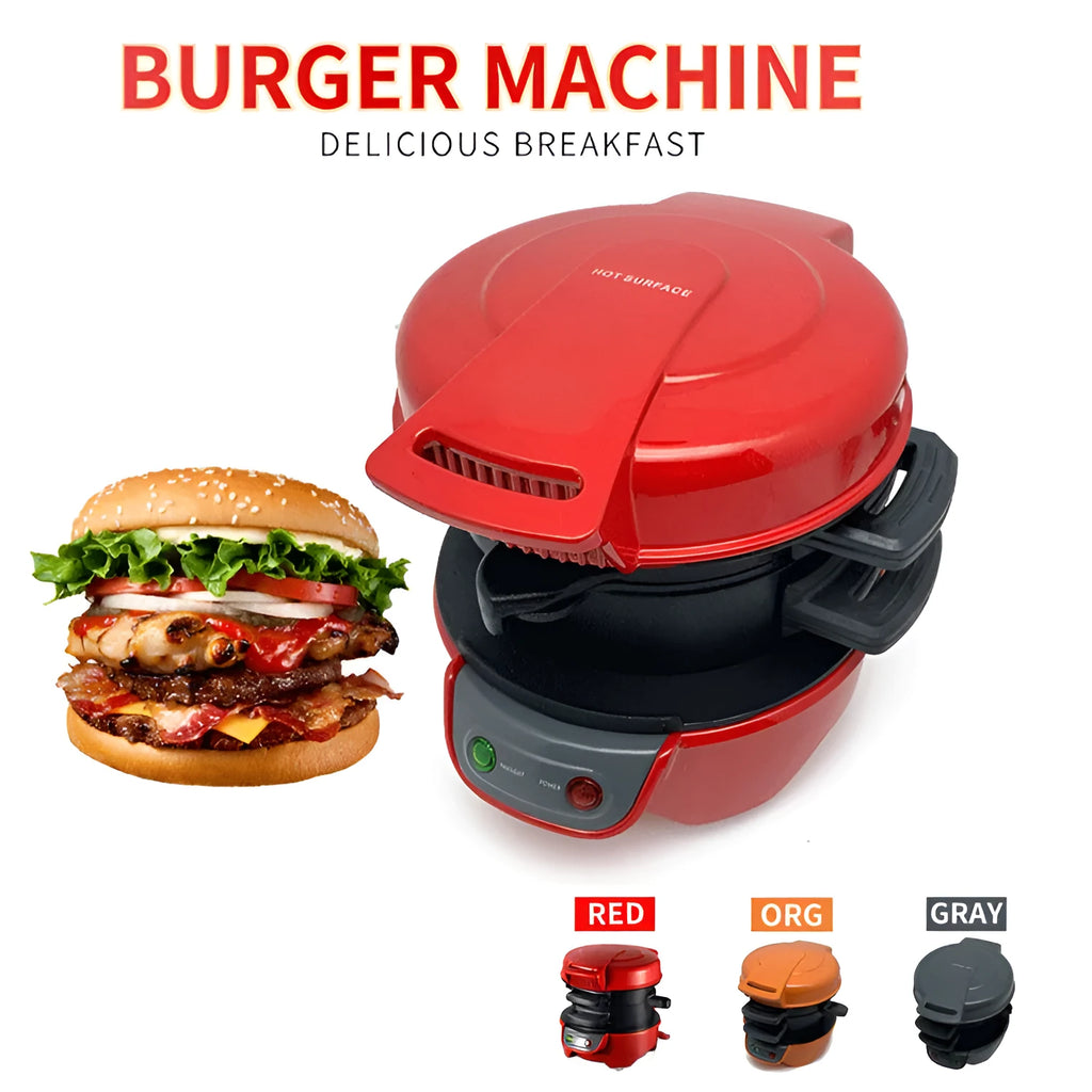 Bright red breakfast machine with sandwich maker, egg cooker ring and waffle maker functions