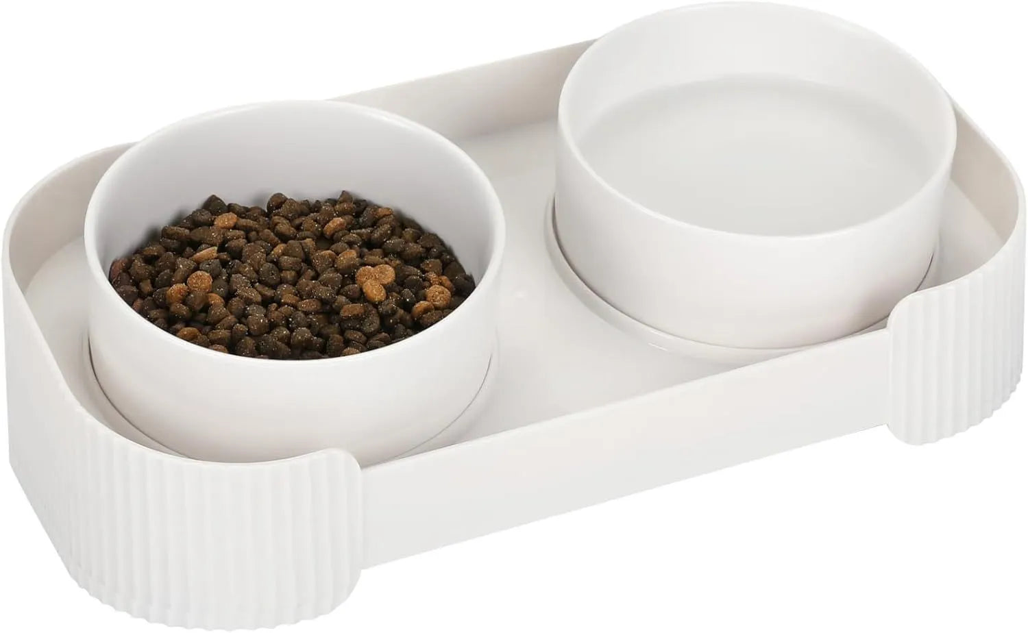 Green ceramic raised pet feeder with two tilted bowls on a non-slip stand