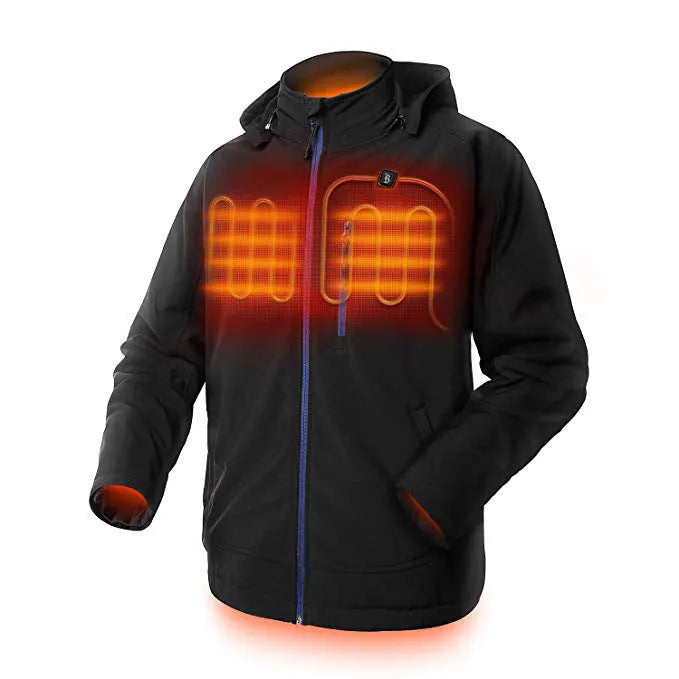 Black USB heating waterproof windproof thermal coat for men with zipper pockets and straight hem design