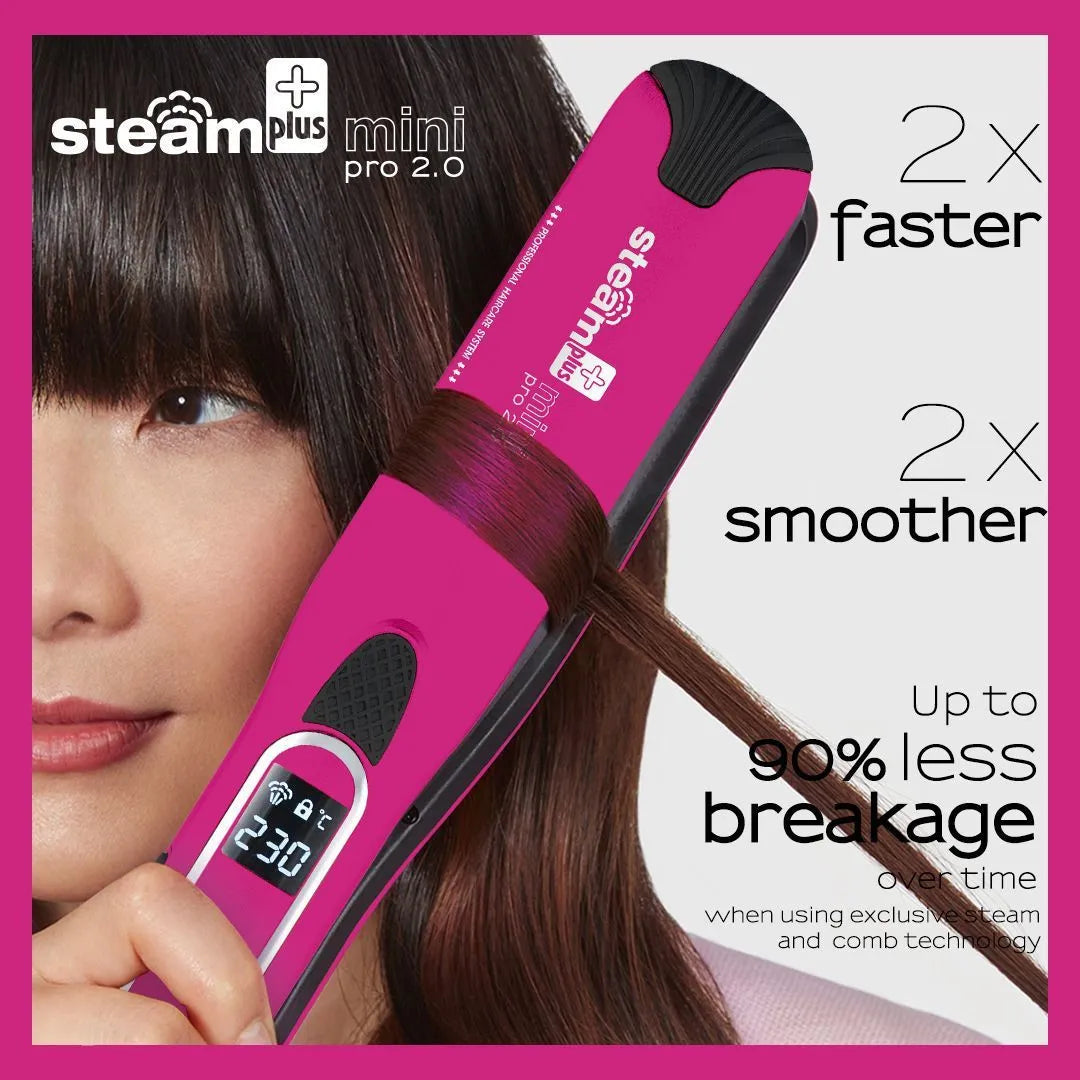 Mini steam spray hair straightener in purple, rose red or champagne colour with steam mist function