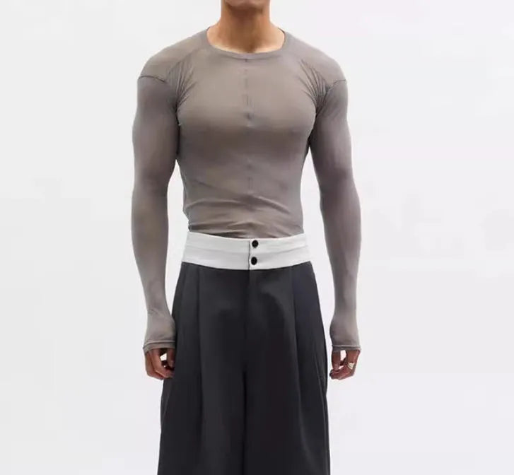 Black mesh texture slim-fit pullover top with long sleeves and round collar
