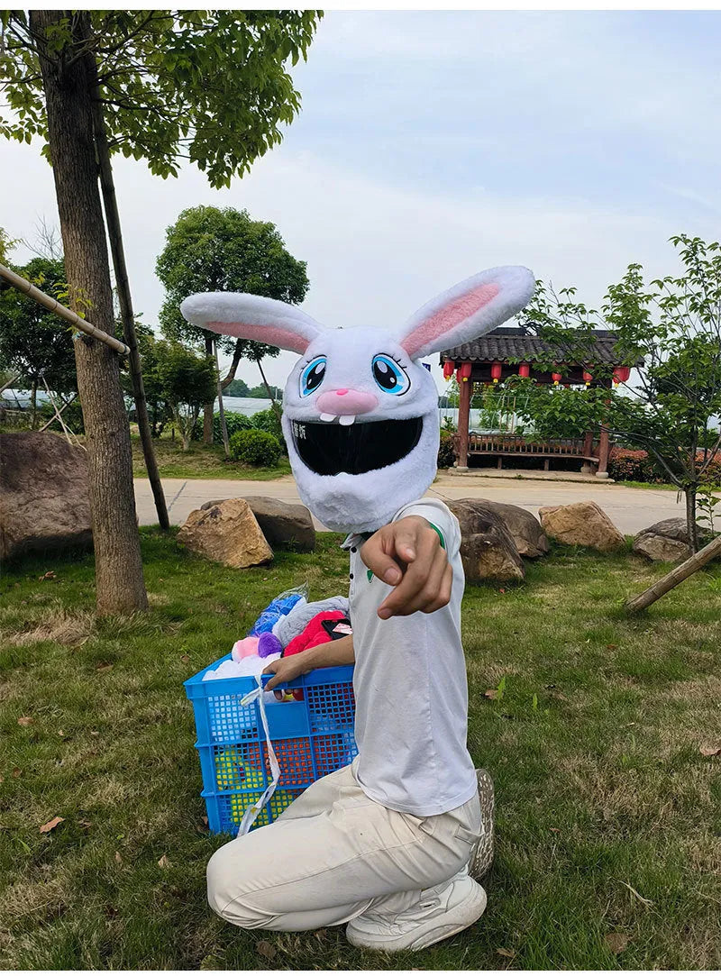 White long-eared rabbit plush helmet cover for an electric motorcycle helmet