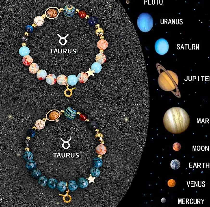 Set of twelve natural stone beaded bracelets laid out, each with a different design representing a zodiac sign.