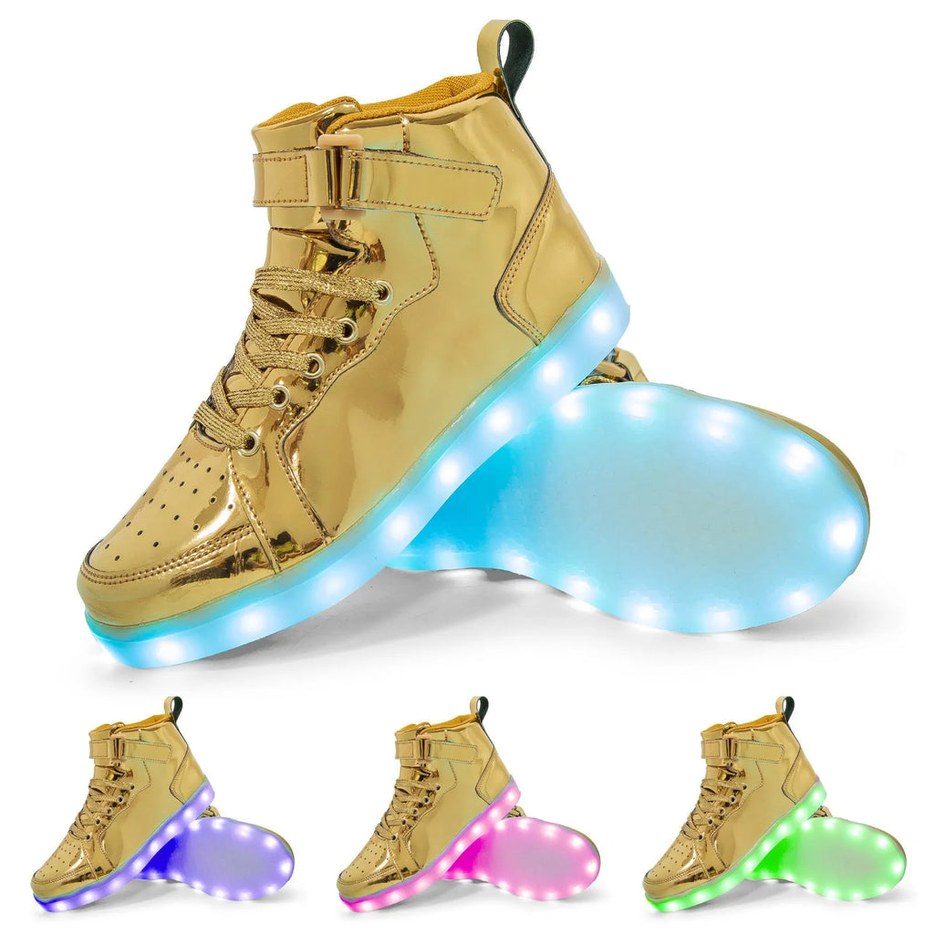 Man and woman wearing black and white high-top LED light-up sneakers with illuminated soles at an event.