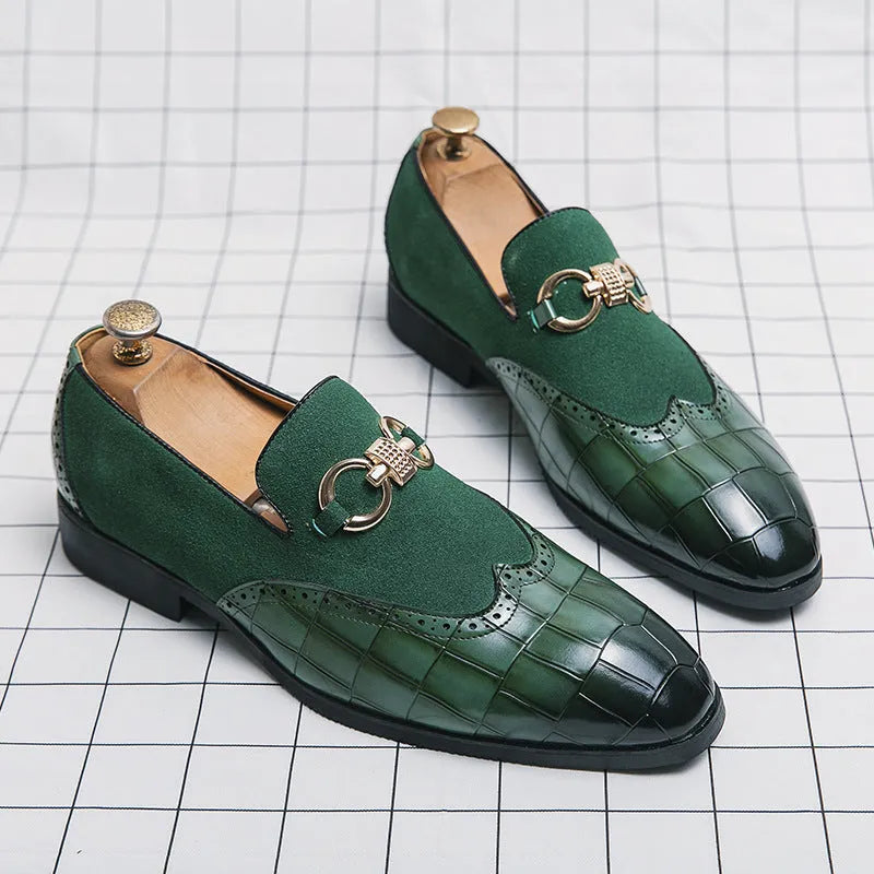 Korean style men's business casual shoes with pointed toe and sewing line details in black and green colour options
