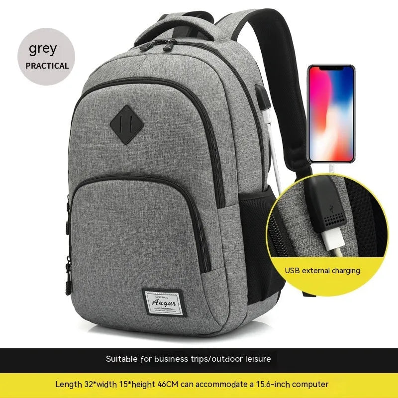 Grey nylon backpack with USB charging port showing dimensions 32cm length by 46cm height
