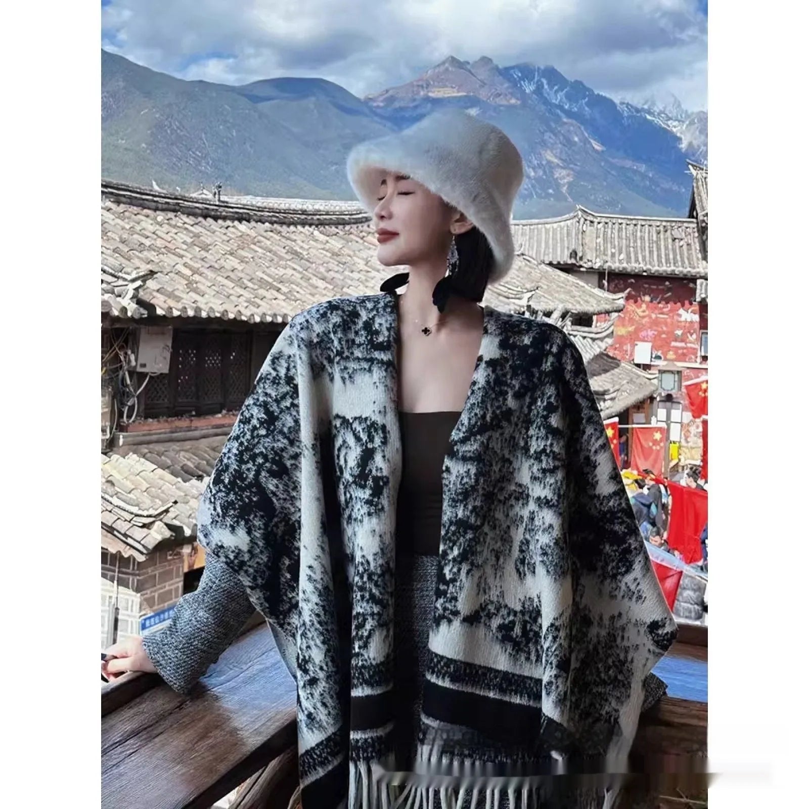 Women's personalised tassel scarf cape shawl in polyester fabric with free size fit