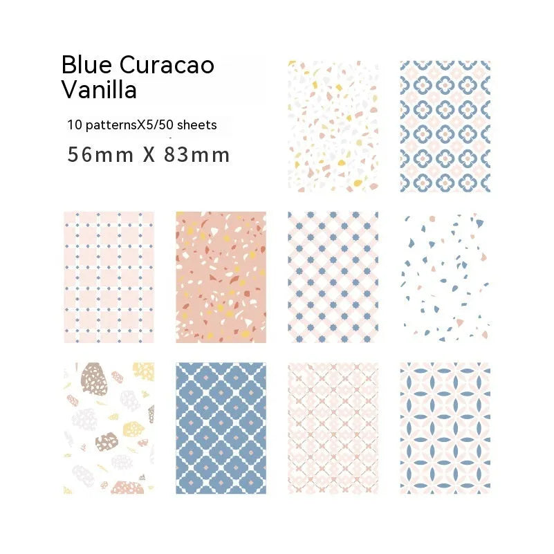 Retro collage note papers in dessert colours including red plum cheese and blue fruit bitter cassava