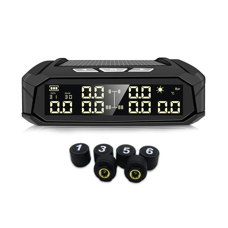 Solar-powered external tyre pressure monitor display unit with colour screen for six-tire trucks