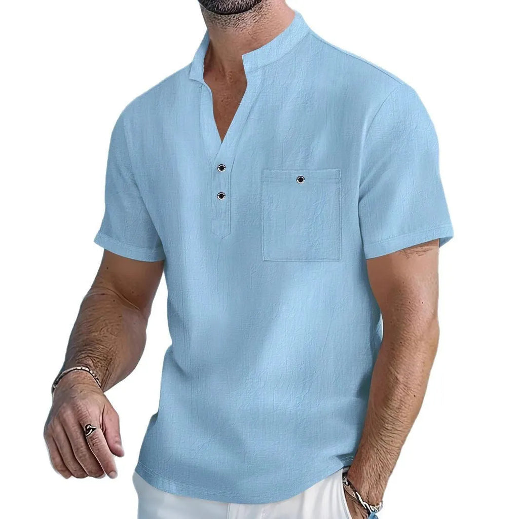 Men's short sleeve linen shirt with stand collar in loose fit, solid colour pullover style
