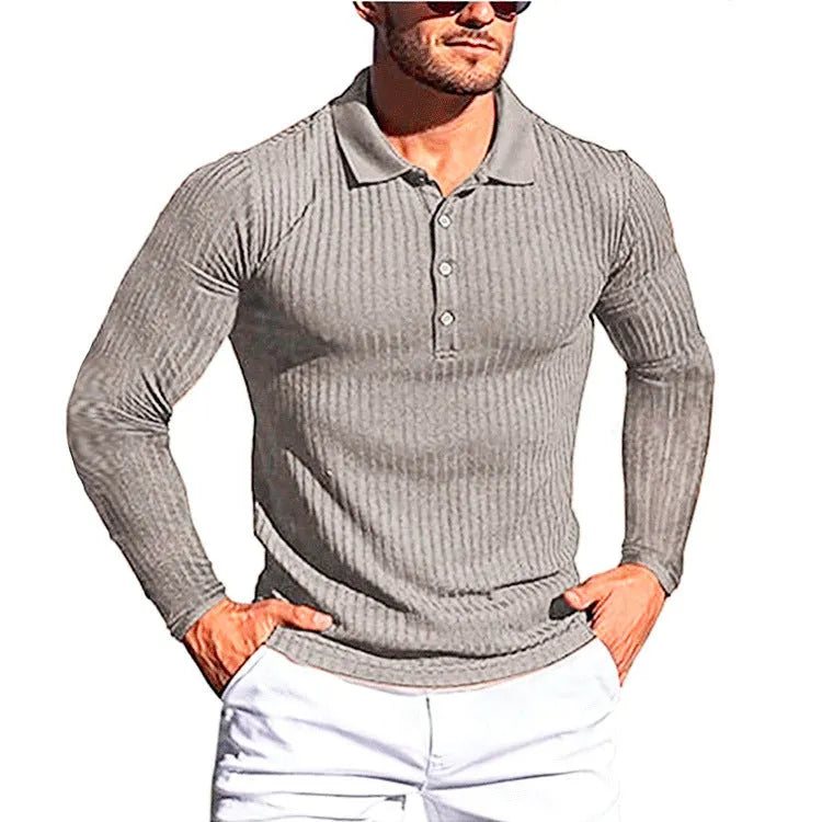 Men's striped summer shirt in elastic knit fabric showing loose fit and short sleeves