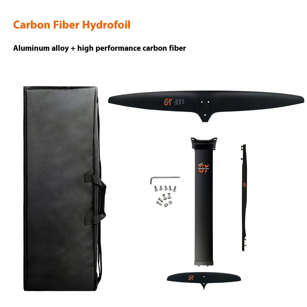 Black carbon fibre and aluminium alloy racing hydrofoil with a large front wing.