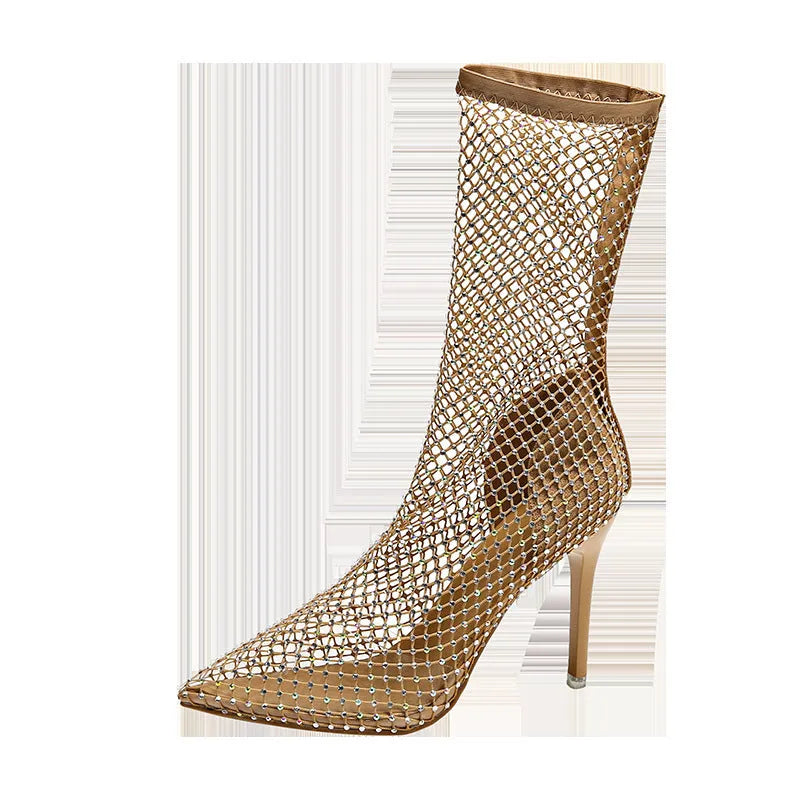 Gold women's stiletto high heel sandals with mesh upper and pointed toe design