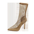 Gold women's stiletto high heel sandals with mesh upper and pointed toe design