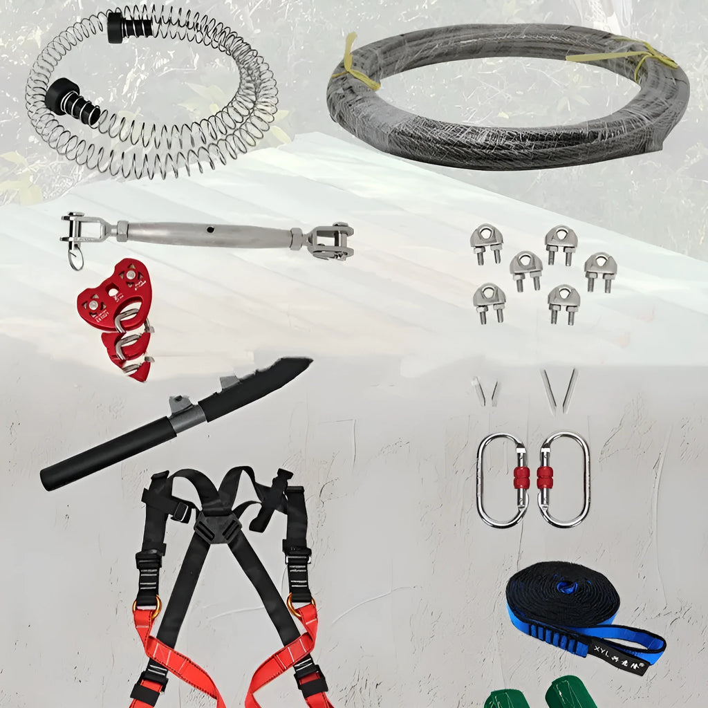 Children's pulley slide rope set with safety harness, alloy steel pulleys, and multiple carabiners for outdoor play