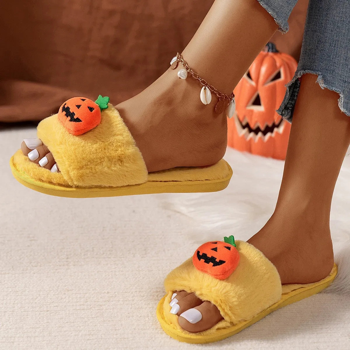 White and yellow pumpkin plush open-toe slippers with anti-slip PVC soles