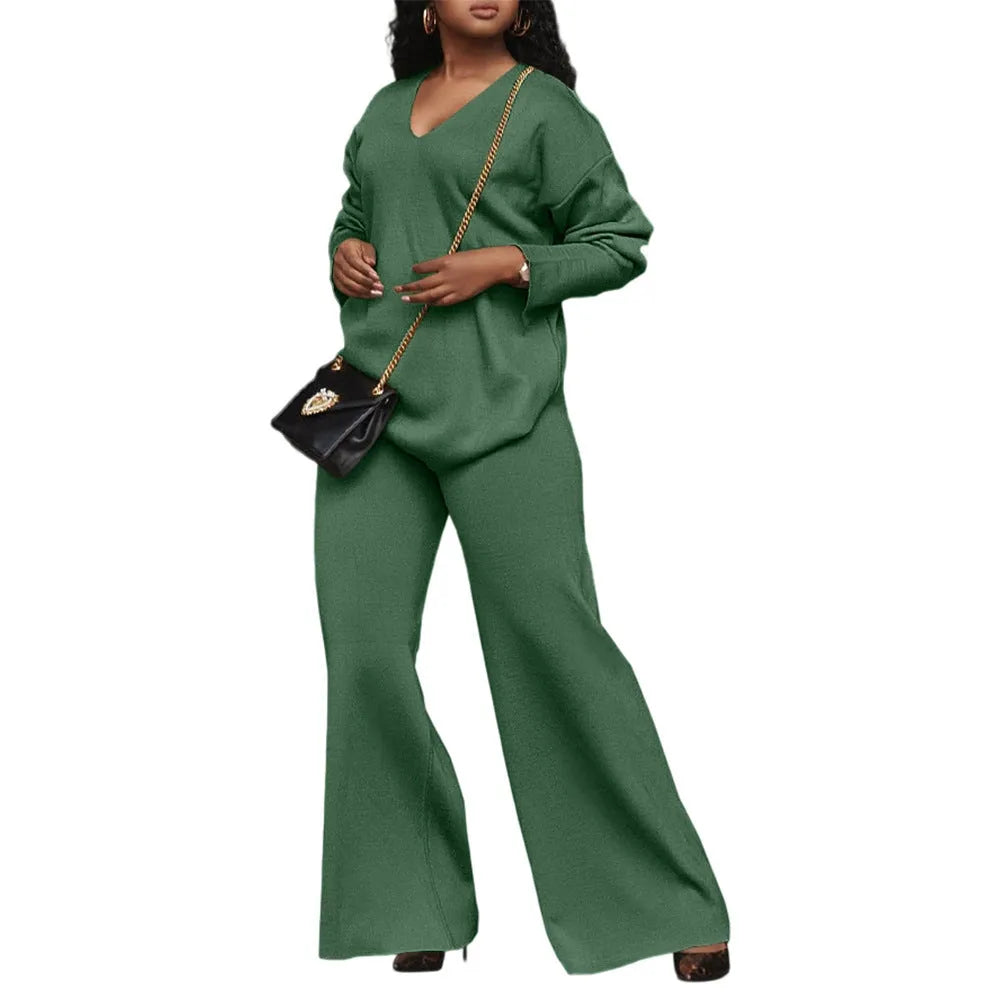 Women's brown thickened velvet two-piece suit with split sleeve top and matching trousers in Japanese Korean casual style