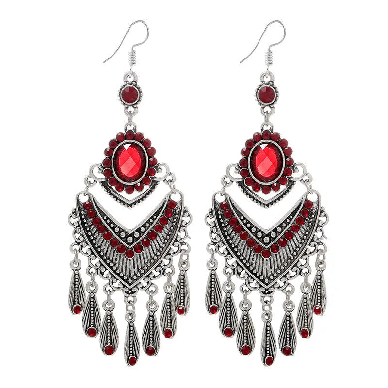 Purple retro drop earrings with long crystal fringe ethnic style jewellery