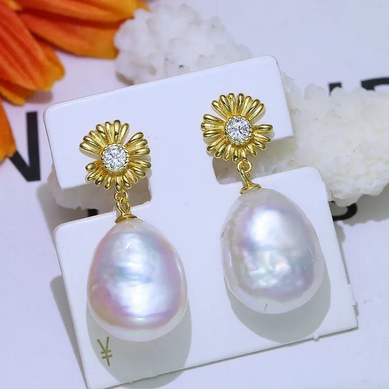 S925 sterling silver baroque flower earrings with adjustable ring holder in silver or gold colour