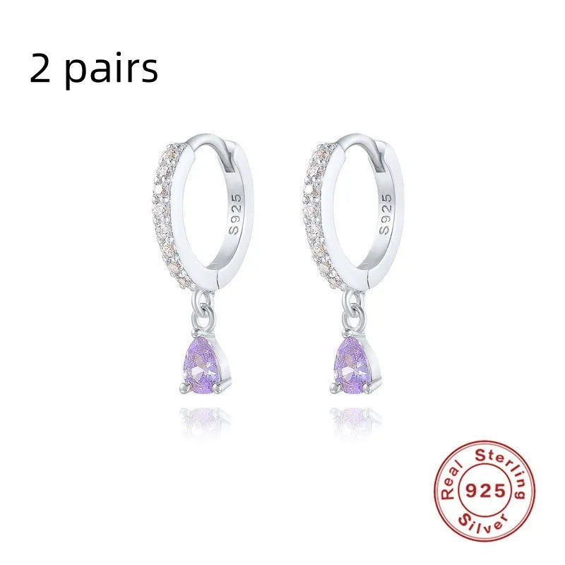 Geometric water drop earrings in Sterling Silver with electroplated gold finish and purple diamond stones