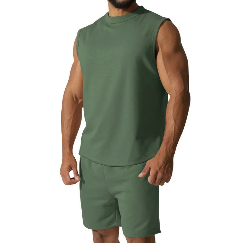 Men's sleeveless sports suit set in cotton blend with matching shorts in solid colour options