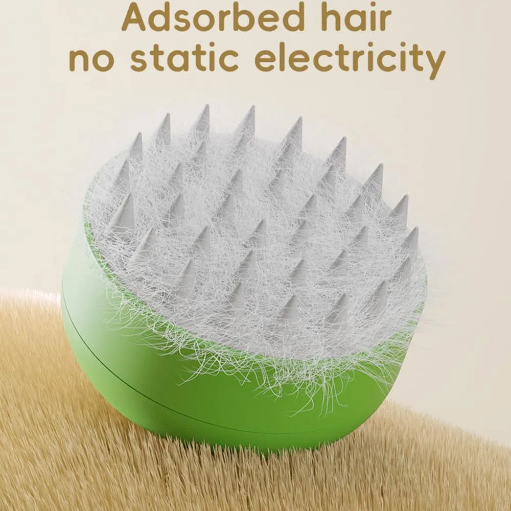 Rechargeable green and yellow silicone steam brush for cat and dog grooming.